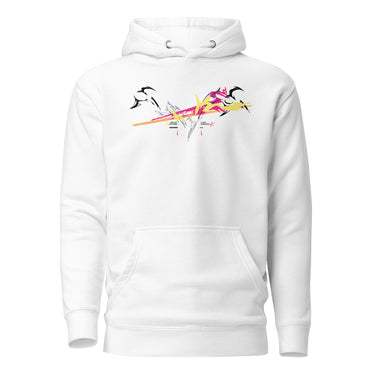 Front view of a solid-colored hoodie. A large, dynamic graphic across the chest features a chaotic collage of high-contrast brush strokes, sharp angular forms, and silhouettes resembling swooping birds.
