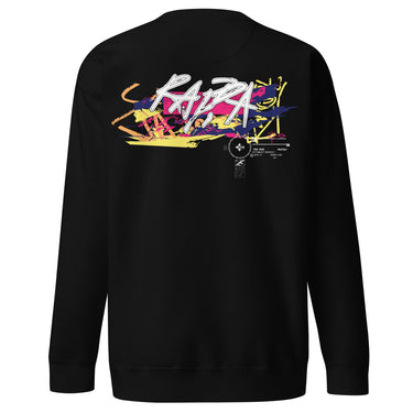 Back view of a solid-colored sweatshirt. A large, horizontal graphic on the upper back features a stylized, graffiti-like word spelling “RAPPA” layered over a wide smear of high-contrast brush strokes imitating graffiti splatter. To the side are smaller, schematic graphics including a compass rose and blocks of text.