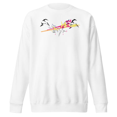 Front view of a solid-colored sweatshirt. A large, dynamic graphic across the chest features a chaotic collage of high-contrast brush strokes, sharp angular forms, and silhouettes resembling swooping birds.