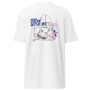 Back view of a solid-colored shirt. A large graphic on the upper back features an inverted, fine-line illustration of the character Silver Wolf from Honkai: Star Rail. The design is layered with the stacked text "SILVER WOLF" and various abstract technical shapes.