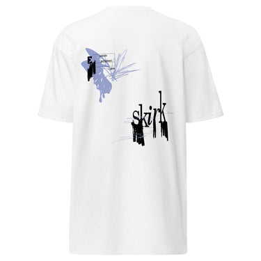 Back view of a shirt. The design consists of two scattered abstract graphics. The upper-left graphic is a periwinkle blue and black abstract shape with sketchy lines. The lower-right graphic is the word "skirk" in a stylized, distorted black font with a glitch effect.