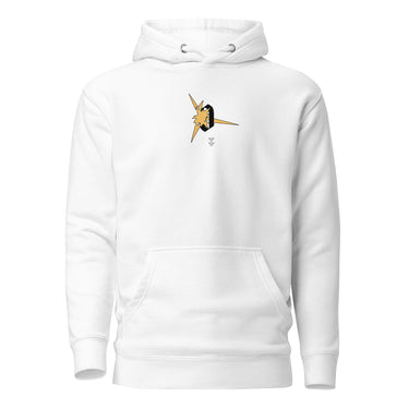 Front view of a solid-colored, hoodie. A small graphic on the left chest features a stylized, high-contrast lightning bolt shape piercing through a thick, character of the number zero.