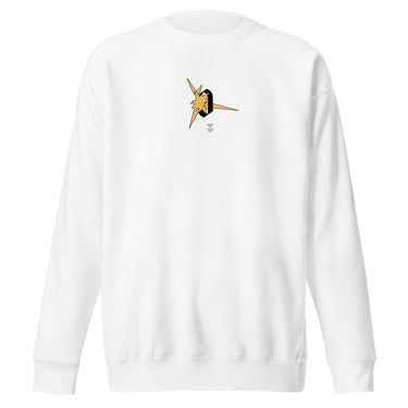 Front view of a solid-colored, sweatshirt. A small graphic on the left chest features a stylized, high-contrast lightning bolt shape piercing through a thick, character of the number zero.