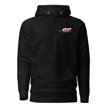 Front view of a solid-colored hoodie. A small, horizontal graphic on the left chest features the number "011" in a stylized font, layered over a starburst shape.