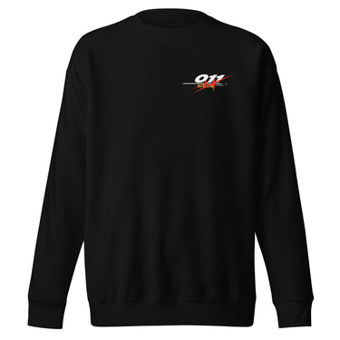 Front view of a solid-colored sweatshirt. A small, horizontal graphic on the left chest features the number "011" in a stylized font, layered over a starburst shape.