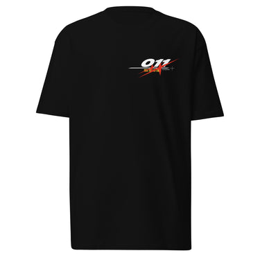 Front view of a solid-colored shirt. A small, horizontal graphic on the left chest features the number "011" in a stylized font, layered over a starburst shape.