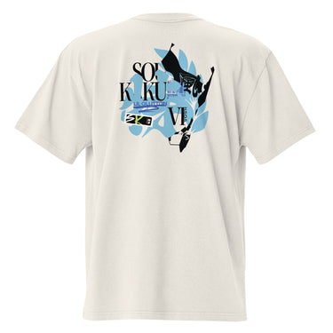 Back view of a solid-colored oversized-tee. A large, dynamic collage graphic is centered on the upper back. It features the stacked text "SOU KAKU" layered with high-contrast silhouettes of two figures in motion and large, leaf-like shapes. Accompanied by a silhouette of Soukaku’s mask.