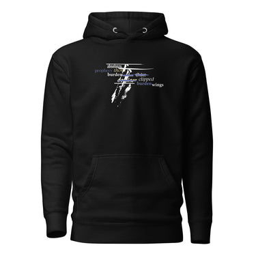 Front view of a solid-colored, hoodie. The chest features a collage graphic with a textured, high-contrast vertical shape at its center. This is layered with multiple words in various fonts, such as "absolutes" and "burden," which are crossed by thin horizontal lines.