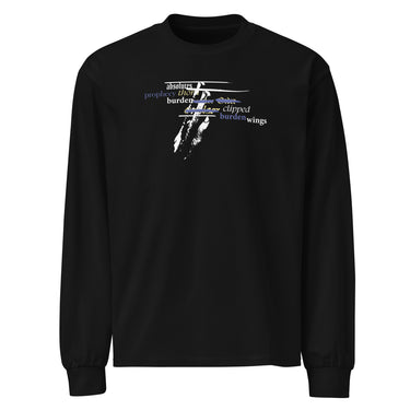 Front view of a solid-colored, longsleeve. The chest features a collage graphic with a textured, high-contrast vertical shape at its center. This is layered with multiple words in various fonts, such as "absolutes" and "burden," which are crossed by thin horizontal lines.