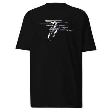 Front view of a solid-colored, shirt. The chest features a collage graphic with a textured, high-contrast vertical shape at its center. This is layered with multiple words in various fonts, such as "absolutes" and "burden," which are crossed by thin horizontal lines.