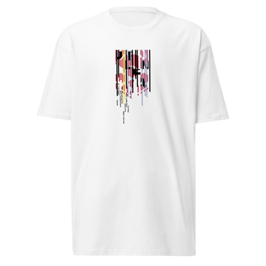 Front view of a solid-colored shirt. A vertical graphic on the chest resembles a distorted or dripping barcode, with small blocks of text integrated into the design.