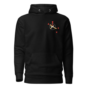 Front view of a solid-colored, hoodie. A small graphic on the left chest features a circle containing an 'X' mark, with several small, stylized pointer shapes scattered around it, forming a type of crosshair.
