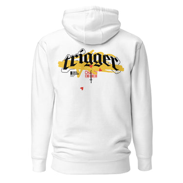 Back view of a solid-colored, hoodie. A large, horizontal graphic on the upper back features the word "trigger" in a high-contrast, graffiti, streetwear-style font. This is layered over a wide brushstroke shape and several smaller text elements, including a barcode and a cross symbol.