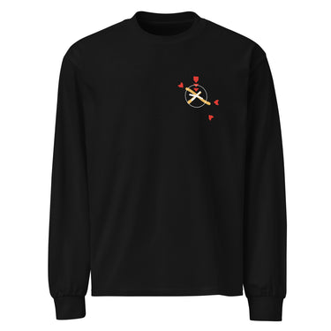 Front view of a solid-colored, longsleeve. A small graphic on the left chest features a circle containing an 'X' mark, with several small, stylized pointer shapes scattered around it, forming a type of crosshair.