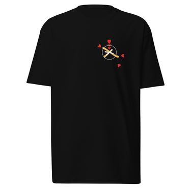 Front view of a solid-colored, shirt. A small graphic on the left chest features a circle containing an 'X' mark, with several small, stylized pointer shapes scattered around it, forming a type of crosshair.