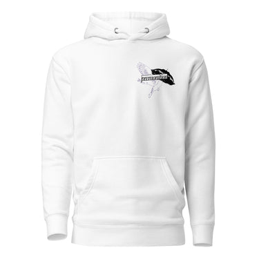 Front view of a solid-colored, hoodie. A small graphic on the left chest features a fine-line illustration of a winged creature, layered with the word "premonition" in a high-contrast, distorted font.
