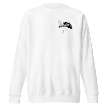 Front view of a solid-colored, sweatshirt. A small graphic on the left chest features a fine-line illustration of a winged creature, layered with the word "premonition" in a high-contrast, distorted font.