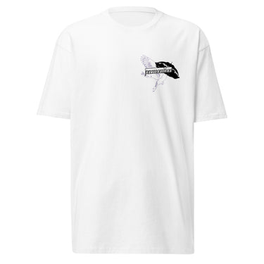 Back view of a solid-colored, shirt. A large collage graphic on the back features two high-contrast silhouettes of birds. The design is layered with large text reading "WHERE ARE YOU?", the words "Catastrophe” and “Banshee" in a script font, and various other typographic and schematic elements.