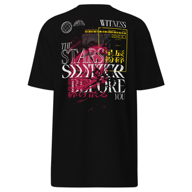Back view of a solid-colored shirt. A large, complex collage graphic on the upper back features the text "THE STARS SHATTER BEFORE YOU" in a distressed style. The design is layered with abstract textures, barcodes, wireframe globes, and a web of lines creating a shattered glass effect.