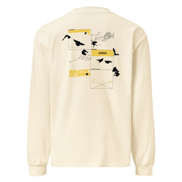 Back view of a longsleeve. A large collage graphic is arranged in a grid of rectangular frames. The design features multiple high-contrast silhouettes of birds in flight, a topographical map-like shape, and several small blocks of text and abstract symbols.