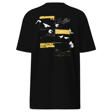 Back view of a shirt. A large collage graphic is arranged in a grid of rectangular frames. The design features multiple high-contrast silhouettes of birds in flight, a topographical map-like shape, and several small blocks of text and abstract symbols.