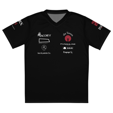 Front view of a sports jersey in black. A graphic-forward arrangement of stylized sponsor-style logos covers the chest in two columns — featuring marks reading "ENCORE X," "the Tavern," "PUNCHLINE Tuning," "blocked. media management," "lies & palette Co.," "144," and "Engage," alongside a circular flame emblem. Additional graphic details on both sleeves in white and deep crimson on black.