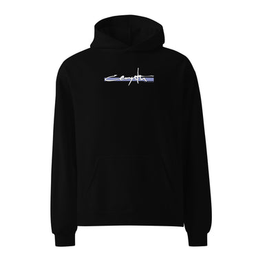 Front view of an oversized hoodie in black. Design showcases the word "Cerydra" in a stylized white script over a blue underline across the chest. Accompanied by "Rule Sundered"