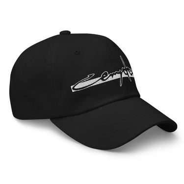3/4 view of an baseball cap in black. Showcasing the embroidered word “Cerydra” across the crown.