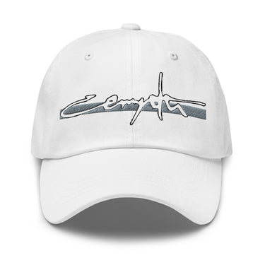 Front view of an baseball cap in white. “Cerydra” is embroidered in stylized script, centered above the brim.