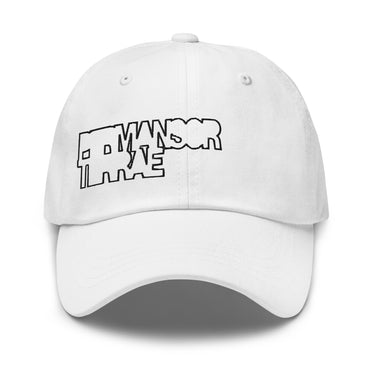 Front view of an baseball cap in white. The cap features a black outline graphic on the front panels with the stylized, blocky words 'PERMANSOR' and 'TERRAE' stacked on top of each other.