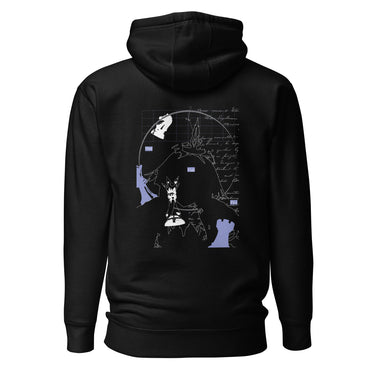 Back view of an hoodie in black. Design features a large graphic showing a silhouette of Cerydra from Honkai: Star Rail, surrounded by abstract line art, handwritten text, strategic grid elements, and chess piece motifs in white and light blue.