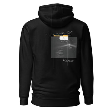 Back view of an hoodie in black. Design shows a rectangular grayscale graphic centered on the upper back showing a lighthouse shining into darkness. Above the image is a yellow label reading “LIGHTKEEPER,” surrounded by thin white grid lines and handwritten script text for a technical, conceptual design aesthetic