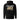 Back view of an hoodie in black. A large graphic composition spans the upper back, featuring the phrase “Compliance Authority” in bold at the top, with a date range centered beneath it. Below, a rectangular collage combines a textured illustration of a dial-like object and a stylized figure, framed by vertical bars with additional characters. Thin linework of symmetrical wings extends outward from the bottom edge of the collage, adding contrast to the overall layered design.