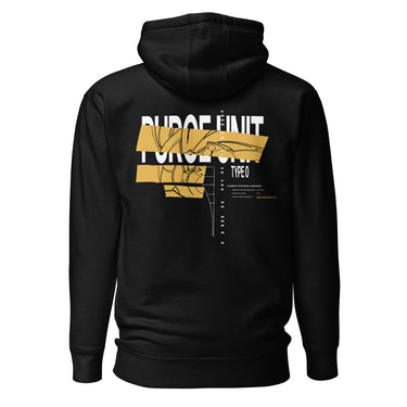 Back view of an hoodie in black. A large graphic composition spans the upper back, dominated by the phrase “PURGE UNIT” in bold white uppercase text. Horizontal gold bands cut across the lettering, partially obscuring it while revealing fine black line illustrations that resemble a mechanical robot. To the right of the main composition, smaller text reads “TYPE 0,” accompanied by a vertical column of numbers arranged like a technical index.