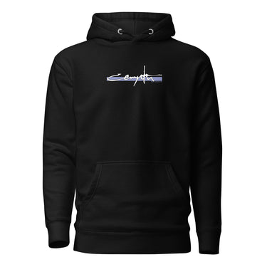 Front view of an hoodie in black. Design showcases the word "Cerydra" in a stylized white script over a blue underline across the chest. Accompanied by "Rule Sundered"