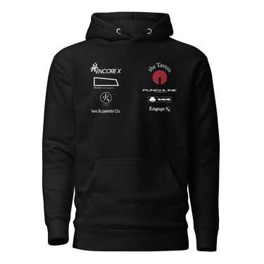 Front view of a hoodie in black. A graphic-forward arrangement of stylized sponsor-style logos fills the upper chest in two columns — featuring marks reading "ENCORE X," "the Tavern," "PUNCHLINE Tuning," "blocked. media management," "lies & palette Co.," "144," and "Engage," alongside a circular flame emblem. White and deep crimson lettering on black, blending streetwear with motorsport aesthetics.