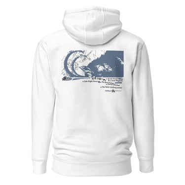 Back view of an hoodie in white. Design is a large back graphic featuring a silouhette, line lined illustration with a caprinae like silhouette overlaid on the right side. Below the main graphic is a numbered list of phrases including "Late-Night Hours," "Secret Friend," "The Best Partner," and "The Never Ending Journey," followed by the words "FAIRYTALES & ETHEREALS" at the bottom.