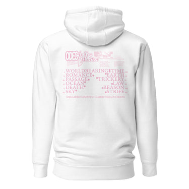 Back view of an hoodie in white. The design includes stylized text at the top reading ‘ODES As I’ve Written’ with a small decorative image beside it. Below this header, a grid-like arrangement lists words in Roman numeral order, such as ‘WORLD,’ ‘ROMANCE,’ ‘PASSAGE,’ ‘OCEAN,’ ‘DEATH,’ ‘SKY,’ ‘TIME,’ ‘EARTH,’ ‘TRICKERY,’ ‘LAW,’ ‘REASON,’ and ‘STRIFE.’ The typography mixes serif and decorative styles, giving the shirt a poetic, vintage-inspired aesthetic.