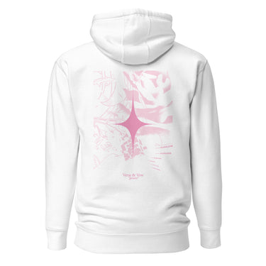 Back view of an hoodie in white. The design showcases a large, intricate graphic centered on the upper back. A radiant, four-point star form sits in the middle, surrounded by fragmented abstract shapes, and faint technical linework. Scattered numbers and coordinates appear along the right side, adding a coded, data-driven atmosphere. At the bottom of the composition, serif text reads “Verse & Vow,” followed by the word “genesis” in delicate handwritten script.
