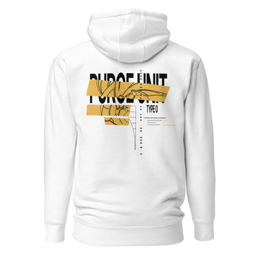 Back view of an hoodie in white. A large graphic composition spans the upper back, dominated by the phrase “PURGE UNIT” in bold white uppercase text. Horizontal gold bands cut across the lettering, partially obscuring it while revealing fine black line illustrations that resemble a mechanical robot. To the right of the main composition, smaller text reads “TYPE 0,” accompanied by a vertical column of numbers arranged like a technical index.