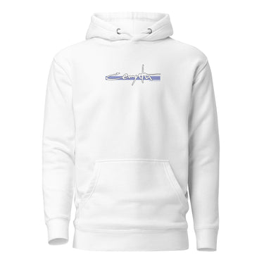 Front view of an hoodie in white. Design showcases the word "Cerydra" in a stylized white script over a blue underline across the chest. Accompanied by "Rule Sundered"