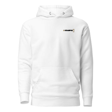 Front view of an hoodie in white. A minimalist design placed on the upper left chest shows a compact arrangement of small graphic elements, including a circular icon, the word “KRAMPUS” in bold, and a narrow vertical block with stylized symbols.