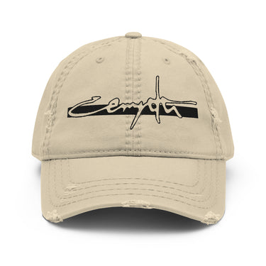 Front view of an distressed hat in white. “Cerydra” is embroidered in stylized script, centered above the brim.