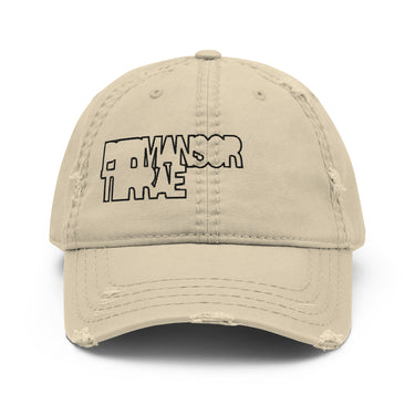 Front view of an distressed hat in khaki. The cap features a black outline graphic on the front panels with the stylized, blocky words 'PERMANSOR' and 'TERRAE' stacked on top of each other.