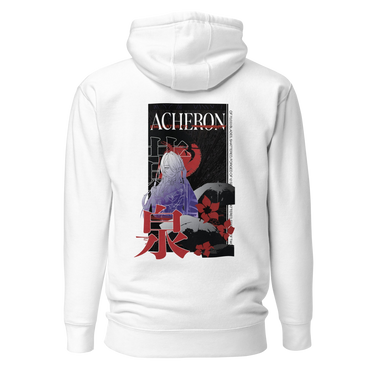 Back view of a solid-colored hoodie. A large, vertical graphic on the upper back features an illustration of the character Acheron from Honkai: Star Rail set against a large circular shape. The design is layered with the text "ACHERON", large stacked East Asian characters, and floral motifs.