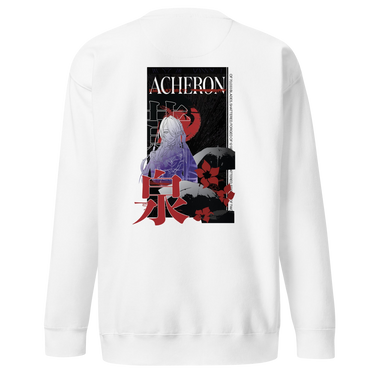 Back view of a solid-colored sweatshirt. A large, vertical graphic on the upper back features an illustration of the character Acheron from Honkai: Star Rail set against a large circular shape. The design is layered with the text "ACHERON", large stacked East Asian characters, and floral motifs.