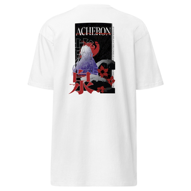Back view of a solid-colored shirt. A large, vertical graphic on the upper back features an illustration of the character Acheron from Honkai: Star Rail set against a large circular shape. The design is layered with the text "ACHERON", large stacked East Asian characters, and floral motifs.