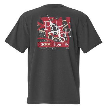 A faded black oversized tee with a central graphic. The design features the word 'POISE' in a large, deconstructed white font layered over a red rectangle with abstract white patterns. The background includes beige textures and red script accents.
