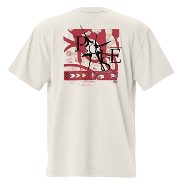 A faded bone oversized tee with a central graphic. The design features the word 'POISE' in a large, deconstructed black font layered over a red rectangle with abstract white patterns. The background includes beige textures and red script accents.