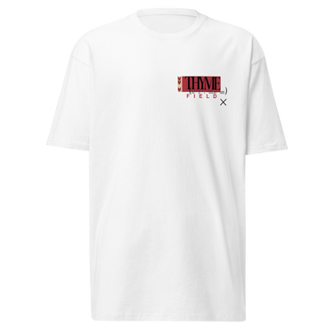 A white tee with an off centered graphic to the left side of the sweatshirt. The design features the word 'THYME' in a large, black font layered over a red rectangle accompanied by red text depicting "FIELD" underneath it.